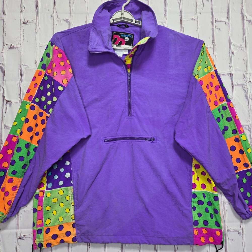 Vintage Mistral Windbreaker Jacket XL Purple Neon‎ Polka Dot 1/4 Zip Anorak 90s